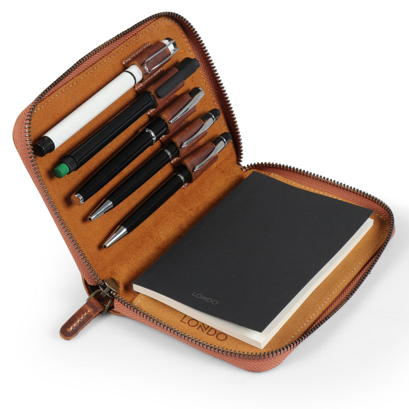 Londo Genuine Leather Padfolio with Pencil Holder Notepad and Zipper Closure (cinnamon)